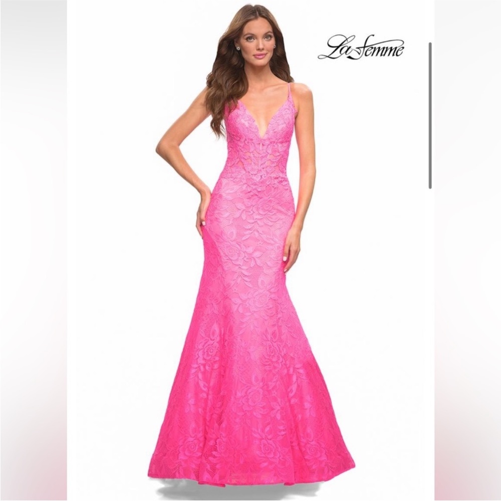 La Femme 30663 Prom Dress Neon Pink Lace Trumpet Gown 2